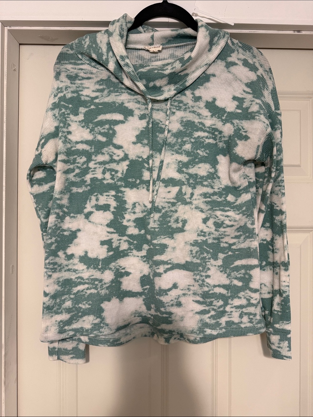 Hem & Thread Teal and White Tie-Dye Waffle Funnel Neck Pullover